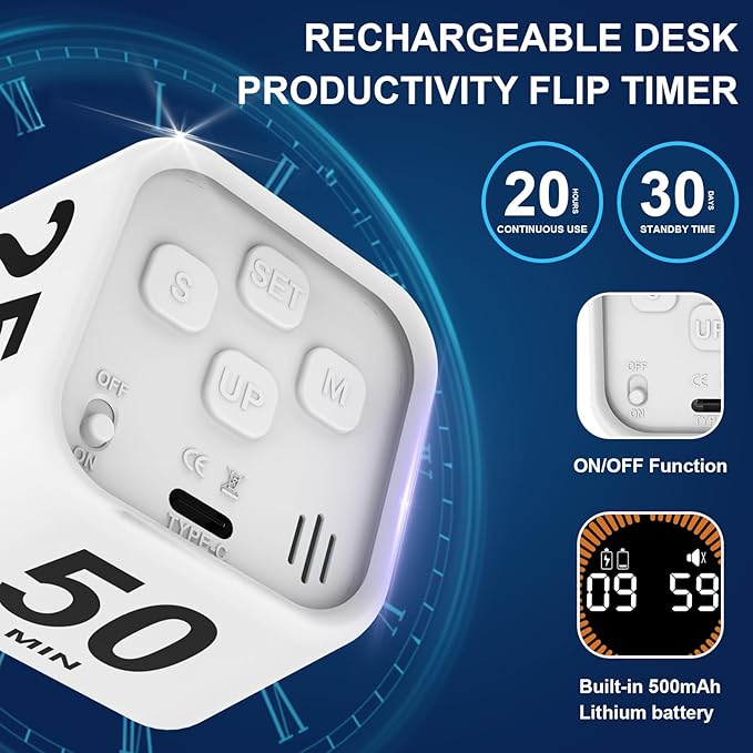 Rotating Visual Pomodoro Timer 5, 25, 10, 50 Min Custom Countdown, Rechargeable Cube Desk Productivity Flip Timer with Detachable Silicone Case, Ideal for ADHD Tool Study Work School (Green)