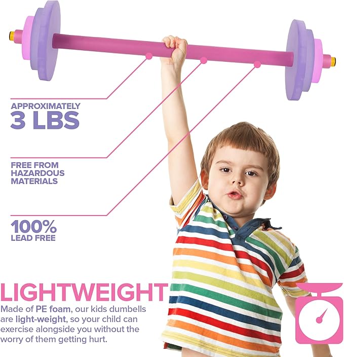 Modern Innovations Kids Barbell Weight Set, Toy Workout Equipment, Kid Weights for Exercise, Toddler Fun & Fitness (Pink & Purple)