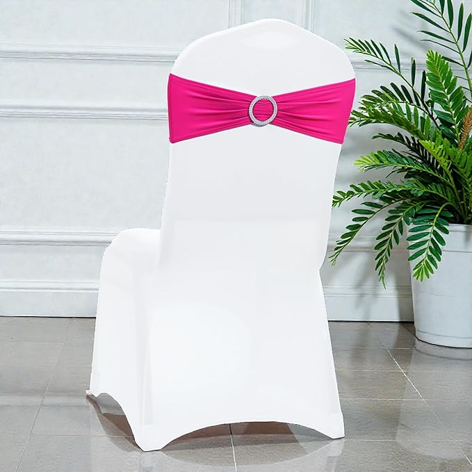 MDS Pack of 150 Spandex Chair Sashes Bows Universal fits Elastic Stretch Chair Bands Ties with Buckle Slider Bow for Wedding Decoration Spandex Slider Sashes Bow - Magenta