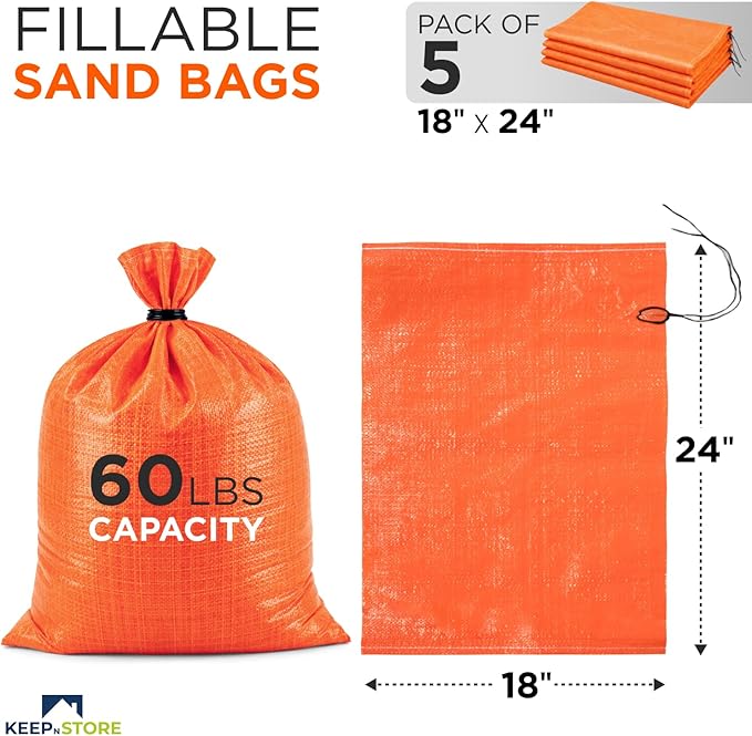 Heavy Duty Sand Bags Pack of 5, Bright Orange Empty Sandbags with Built-In Ties, Woven Polypropylene UV Protection 1600 Hours, Fillable Bags for Flood Control, Weight, 18x24 inches, 60 Pounds Volume