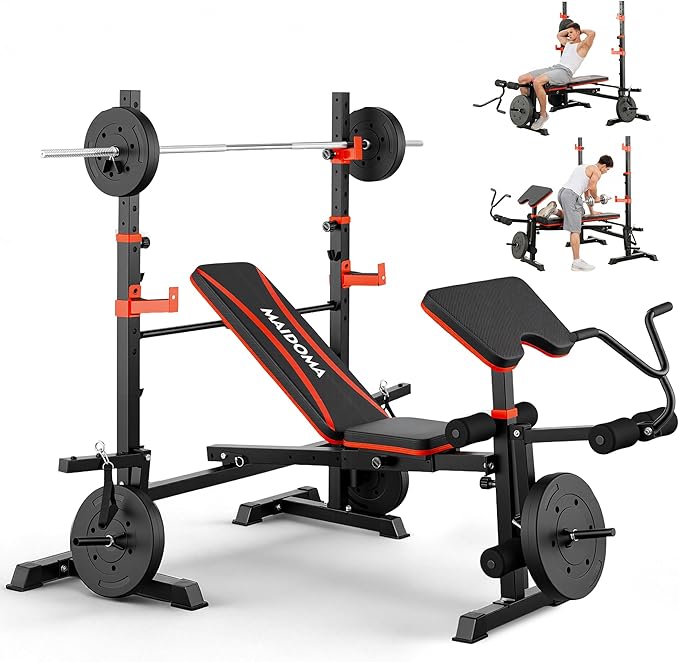 Foldable 1500LBS 8 IN 1 Olympic Weight Bench Set with Squat Rack, Leg Extension/Curl & Preacher Curl, Adjustable Bench Press Set with Safety Bar Catches for Home Gym Full Body Workout