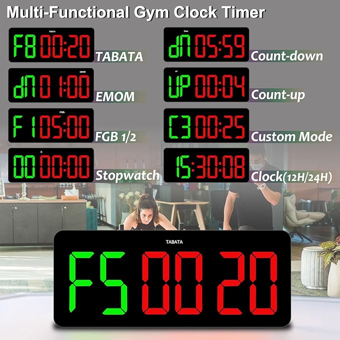 Gym Clock Timer for Tabata/FGB/EMOM,Interval Workout with Large LED Display,Digital Wall Clock with Seconds | Fitness Timer with Remote Control for Classroom Home Garage Office