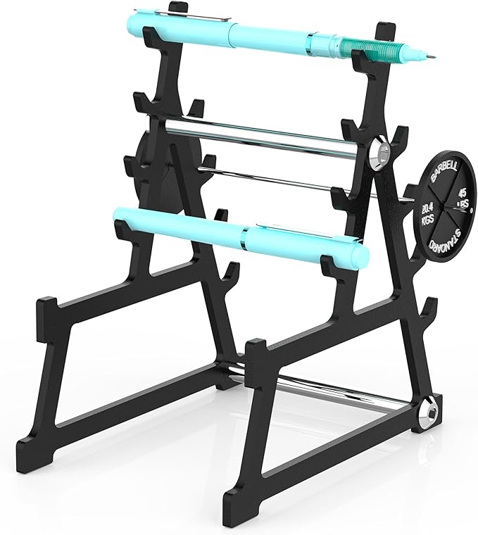 Metal Squat Rack Pen Holder with 8 Slots Mini Metal Barbell & Plastic Weight Blocks Holder Mini Barbell Desk Toy Funny Office Decor for Men Women Cool Pen Holder Gifts for Men (Black)