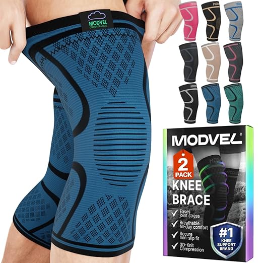 Modvel 2 Pack Knee Brace for Women & Men - Knee Support for Walking, Knee Compression Sleeves for Pain Relief, Knee Sleeves for Women, Knee Sleeves for Men, Knee Brace for Sports, Workouts & Arthritis