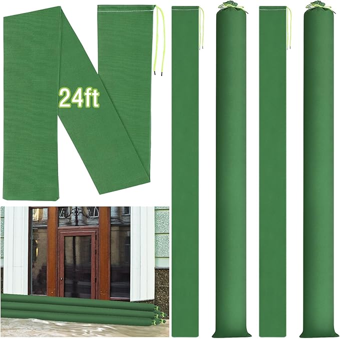 Threan 2 Pcs Long Canvas Sandbags for Flooding Sand Tube Bags Flood Protection Thickened Reusable Rain Wind Flood Barrier with Elastic Band Water Barrier Tube for Door Rain Control, Green (24ft)