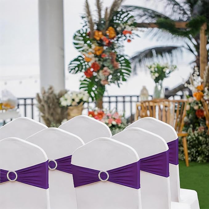 Spandex Purple Chair Sashes 100 Pack Wedding Chair Bands with Buckles Chairs Bows for Party Birthday Bridal Shower Engagement Anniversary Outdoor Events Decorations