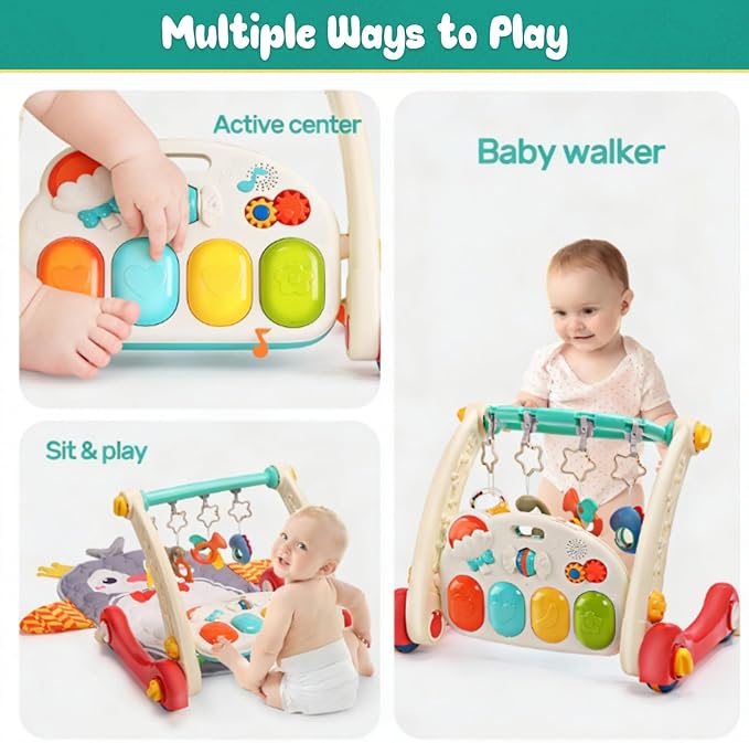 CUTE STONE Baby Play Gym & Learning Walker, Baby Play Mat with Play Piano, Musical Activity Center with Lights, Baby Push Walkers & Thin Playtime Mat for Infant Newborn Toddlers