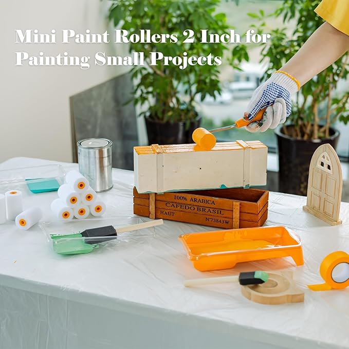 Mister Rui Paint Roller Kit, 2 Inch Foam Paint Rollers 20 Pack, Foam Paint Brushes, Small Paint Roller with Tray, Painter's Tape and Plastic Sheeting, Mini Rollers for Painting Furniture, Stenciling