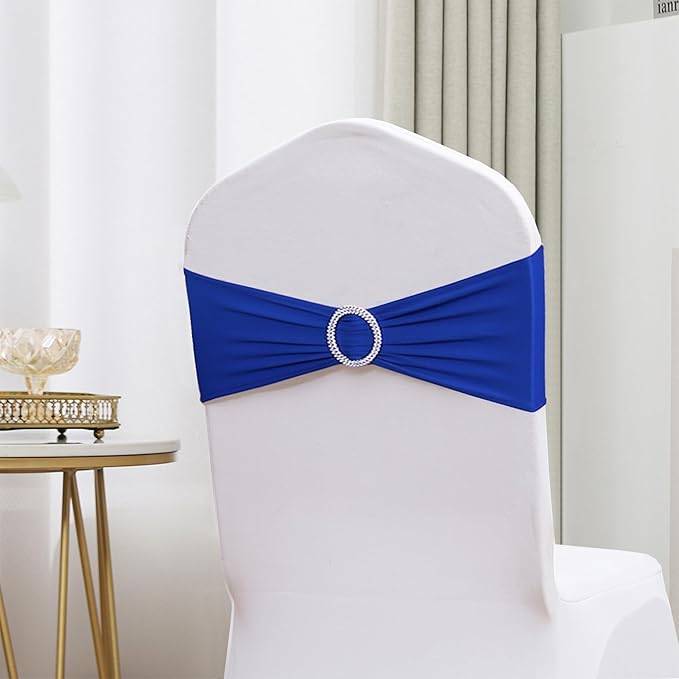 Spandex Royal Blue Chair Sashes 100 Pack Wedding Chair Bands with Buckles Dark Blue Chairs Bows for Party Birthday Bridal Baby Shower Engagement Anniversary Banquet Events Decorations