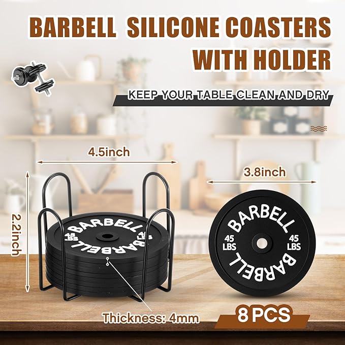 Blushtier 8 Pcs Barbell Bumper Plate Cool Coasters Round Silicone Coasters Weight Plate Coaster with Rack Holder for Gym Lovers Gym Accessories(Black)