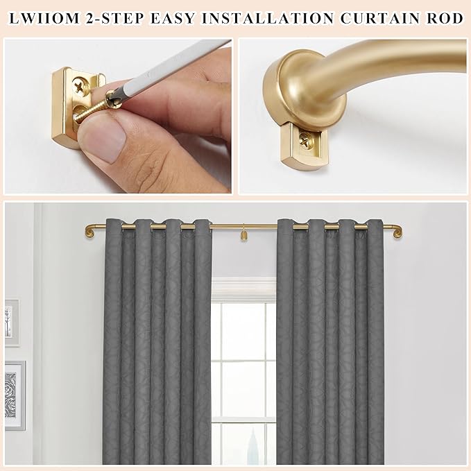 Warm Gold Curtain Rods for Windows 28 to 48",1 Inch Disc Wrap Around Curtain Rod with Aluminum Finials and Brackets,No Screw Disassembly Adjustable Blackout Curved Room Darkening Curtain Rod
