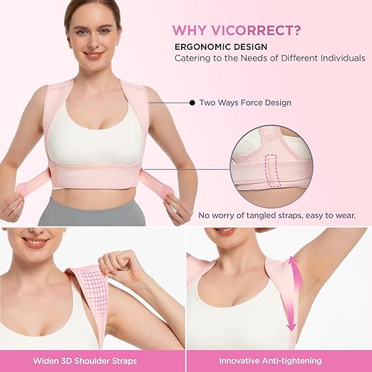 Vicorrect Posture Corrector for Women and Men, Adjustable Upper Back Brace for Clavicle Support and Providing Pain Relief from Neck, Shoulder, and Upper Back (Pink, Large/XLarge)