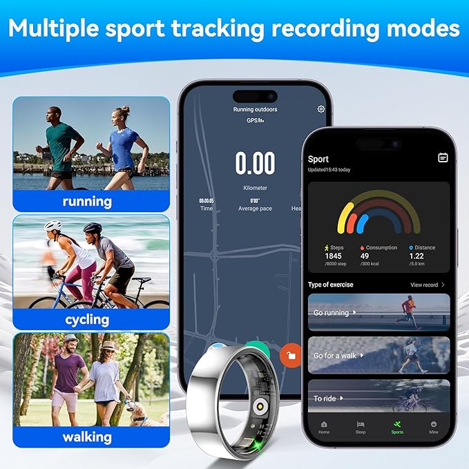 Smart Fitness and Activity Ring for Men and Women - Track Heart Rate Stress Sleep Steps and Blood Oxygen, 10ATM Waterproof Fitness Tracker for iPhone and Android, No Subscription Fee, Size 9