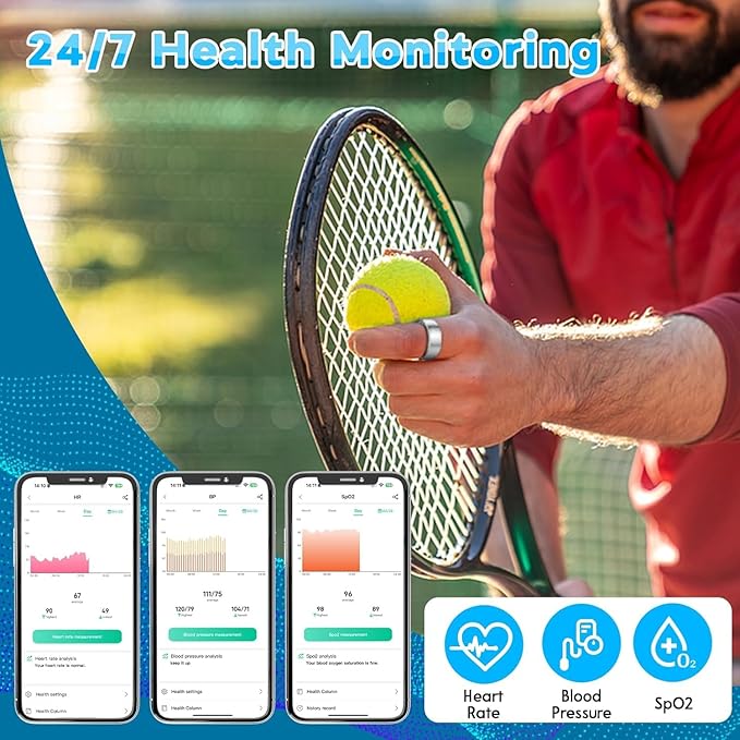 Smart Health Ring for Women Men,Fitness Rings Tracker with Blood Pressure Monitor Heart Rate Blood Oxygen Sleep Monitor IP68 Waterproof Step Counter Calorie Tracker Health Rings for Android iOS Phones