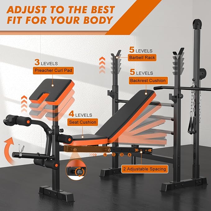 XDDIAS Bench Press Set, 880LBS Adjustable Weight Bench with Leg Extension and Preacher Curl Pad, 8 IN 1 Multi-Function Gym Bench with LAT Pulldown Pulley System, Full-Body Workout Home Gym Equipment