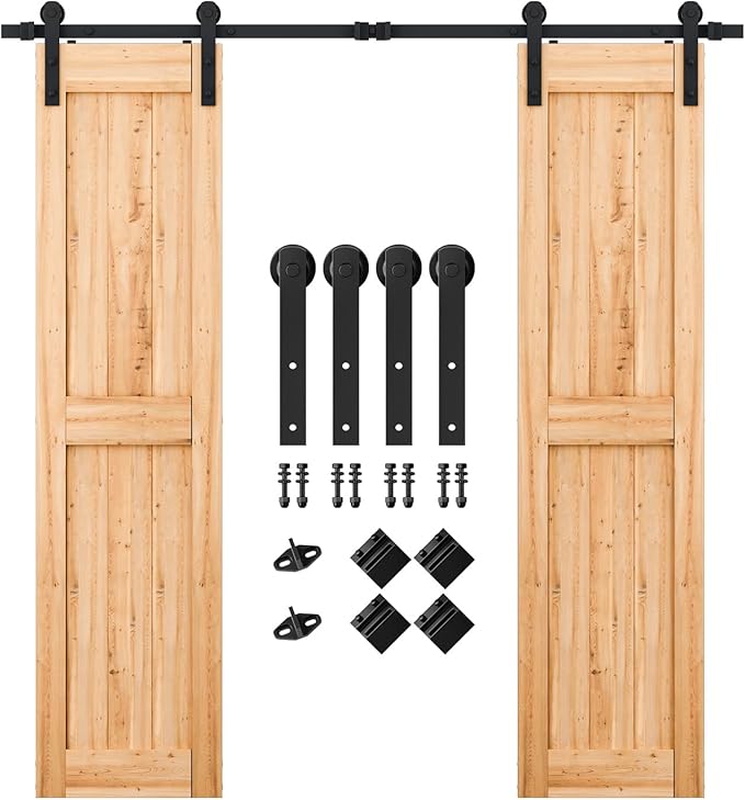 SMARTSTANDARD 7FT Heavy Duty Double Door Sliding Barn Door Hardware Kit,Smoothly and Quietly-Easy to Install-Includes Step-by-Step Installation Instruction Fit 21" Wide Door Panel