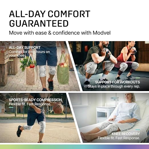 Modvel 2 Pack Knee Brace for Women & Men - Knee Support for Walking, Knee Compression Sleeves for Pain Relief, Knee Sleeves for Women, Knee Sleeves for Men, Knee Brace for Sports, Workouts & Arthritis