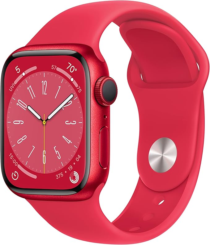 Apple Watch Series 8 [GPS 41mm] Smart Watch w/ (Product) RED Aluminum Case with (Product) RED Sport Band - M/L. Fitness Tracker, Blood Oxygen & ECG Apps, Always-On Retina Display, Water Resistant