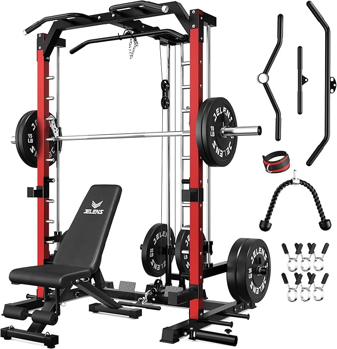 JELENS SR01 Smith Machine, 2000LBS Multi-Function Power Cage with LAT Pulldown System, All-in-One Home Gym Squat Rack with Smith Bar and Training Attachments for Full Body Workouts