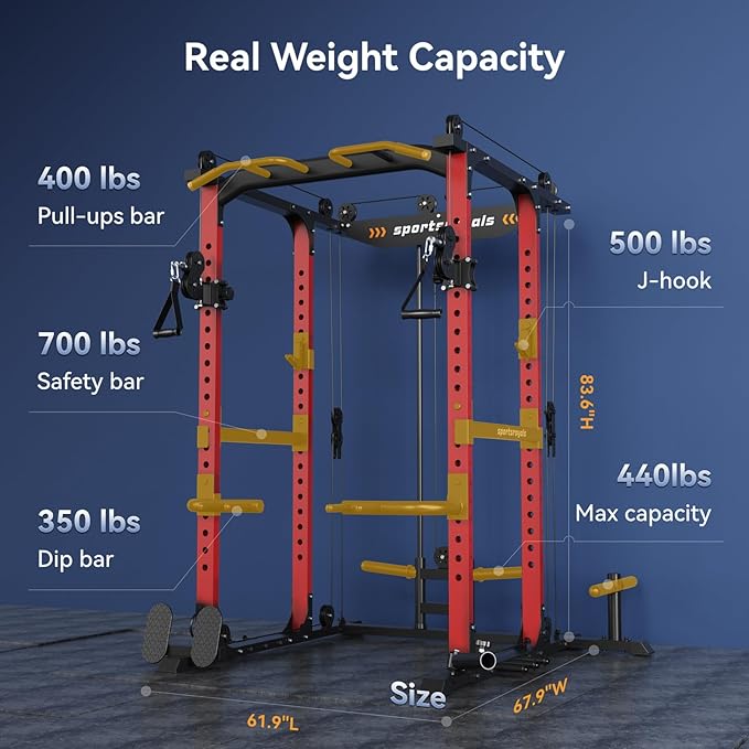 Sportsroyals Power Cage 1600lbs Power Rack with Adjustable Cable Crossover, Multi-Function Squat Rack with Pulley System and Training Attachments for Home Gym