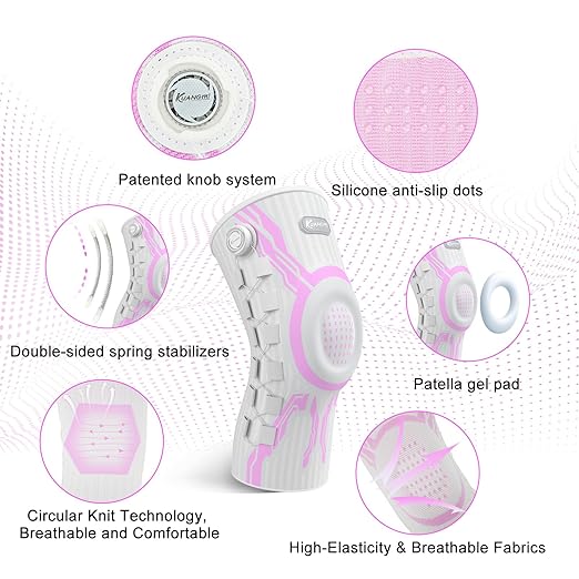Kuangmi Knob Knee Brace for Pain Relief, Knee Support with Patella Gel Pad & Side Stabilizers, Compression Knee Sleeve for Workout, Arthritis, Joint Pain, Meniscus Tear (Pink White,Right,Large,Single)