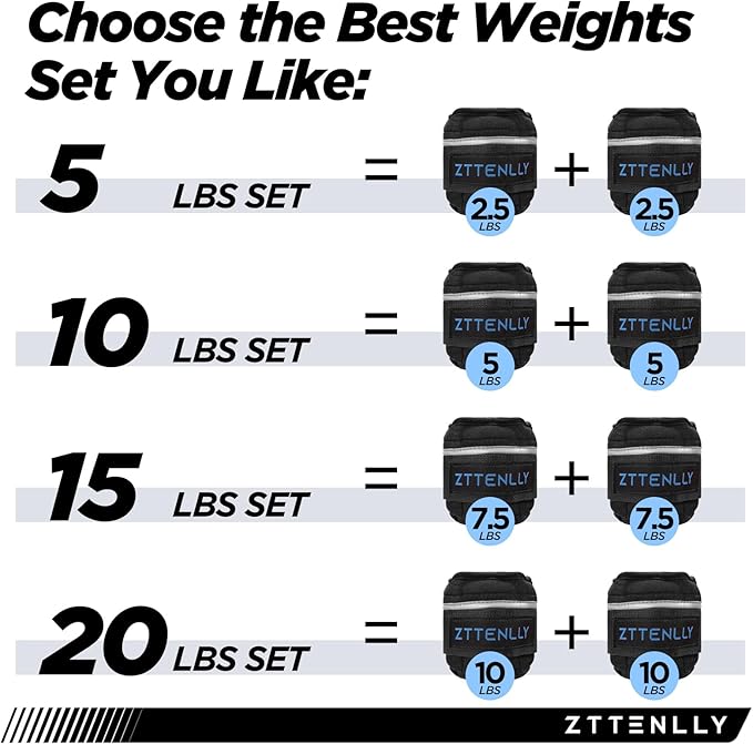Adjustable Ankle Weights 1-5/10/15/20LBS Pair with Carry Bag - Breathable Fabrics, Reflective Trim - Strength Training Leg Wrist Arm Ankle Walking Weights Sets for Women Men Kids