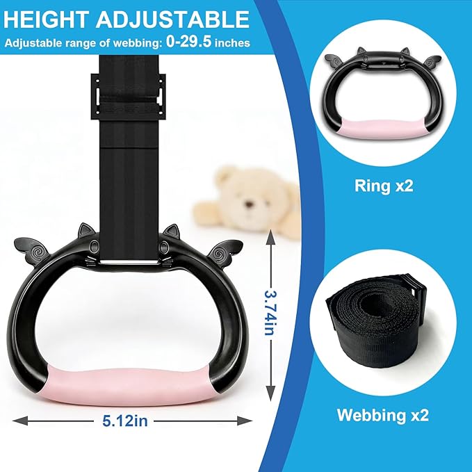 Gymnastics Rings for Kids, Professional Adjustable Extended Straps, 550 lbs Weight Capacity, Featuring Premium Non-Slip Grip Design, Suitable for Indoor/Outdoor Strength and Fitness Training.