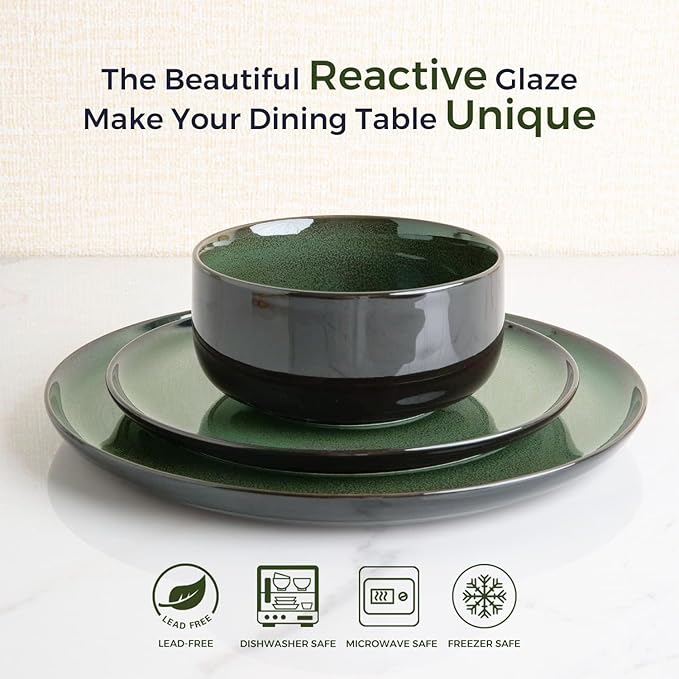 LERATIO Ceramic Plates Set of 6, 8.5 Inch Reactive Glaze Light Weight Porcelain Salad Plates,Modern Shape Dinnerware Dishes Set for Kitchen,Microwave&Dishwasher&Oven Safe,Resistant-Green