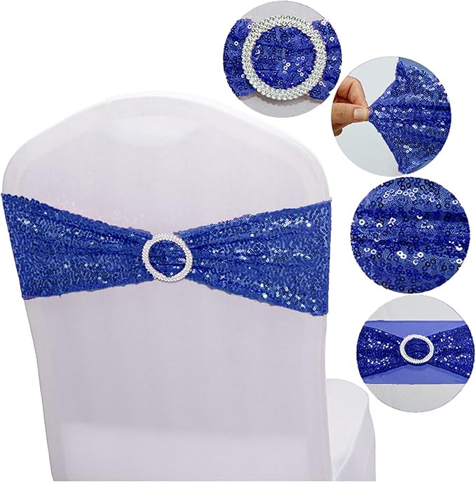 Dimatic 50 PCS Stretch Sequin Chair Sashes Chair Stretchy Spandex Bands for Wedding Reception Events Banquets Chairs Decoration (Blue)