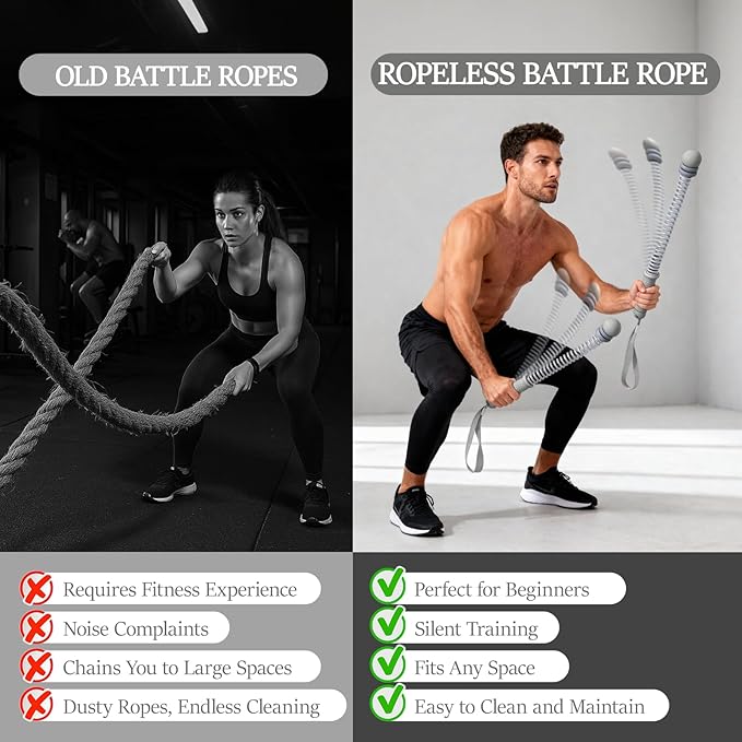 Ropeless Battle Ropes for Exercise Workout Rope, Portable Workout for Home Gym, Exercise Battle Ropes for HIIT Workouts, Low-Impact Cardio Training (Grey with Ring)