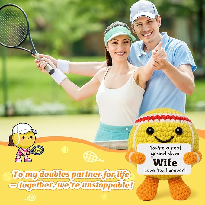 Mini Positive Crochet Tennis Ball Gifts for Women Men - Handmade Crochet Tennis Ball, Motivational Encouragement Christmas White Elephant Gift for Tennis Balls Lover Coworker Friend Coach