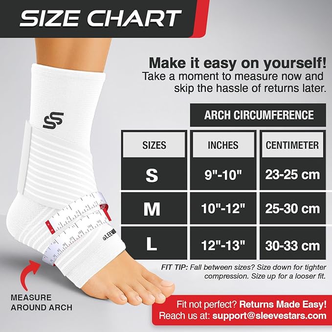 Sleeve Stars Ankle Brace for Women & Men, Ankle Wrap for Sprain, Compression Sleeve for Plantar Fasciitis Relief, Easy Customizable Support: w/ Removable Strap (Pair/M:10"-12"/White)