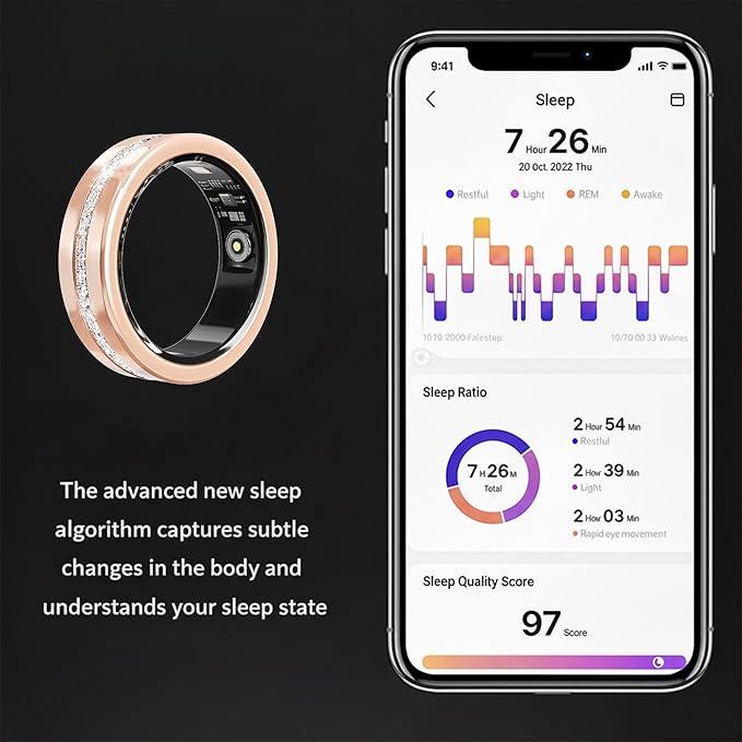 Diamond Smart Ring for Women, Fitness & Vital Signs Monitoring, Sleep Tracker, Remote Photography, No Subscription, Ladies Gift, iOS & Android(Gold,9#)