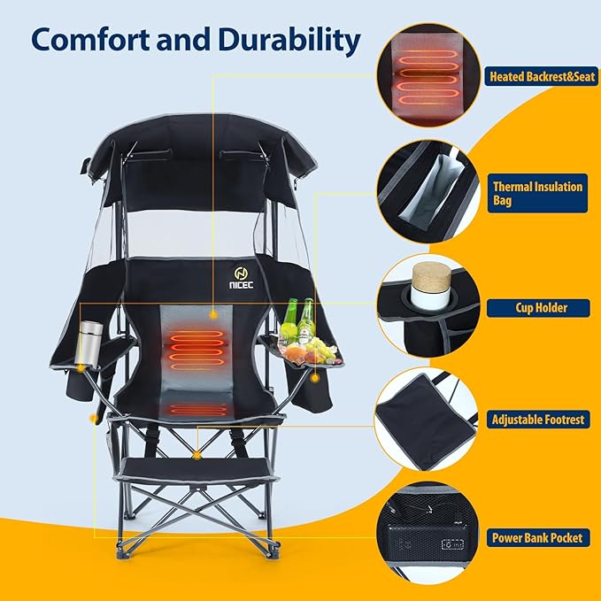 Nice C Chair with Canopy, Heated Camping Chair with Battery, Outdoor Sports Chairs with Shade, Heated Folding Umbrella Lawn Chairs, with Removable Footrest (1-Pack)
