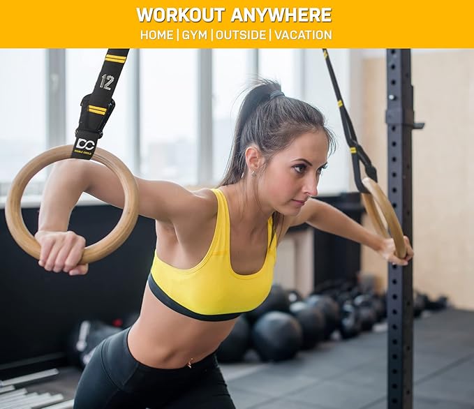 Double Circle Wood Gymnastics Rings with Quick Adjust Numbered Straps and Exercise Videos Guide - Full Body Workout Rings, Calisthenics, Home Gym (Multi-Size)