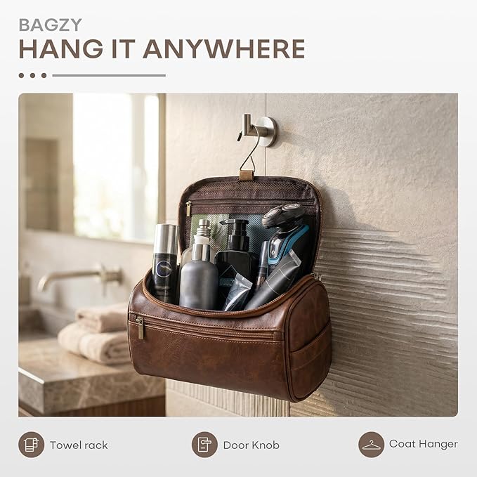 Travel Toiletry Bag for Men, Hanging Hygiene Bag EDC Pouches Small Dopp Kit Water-resistant Mens Shaving Kit Bags PU Leather Toiletry Organizer for Travel Weekend Fitness Hospital Brown
