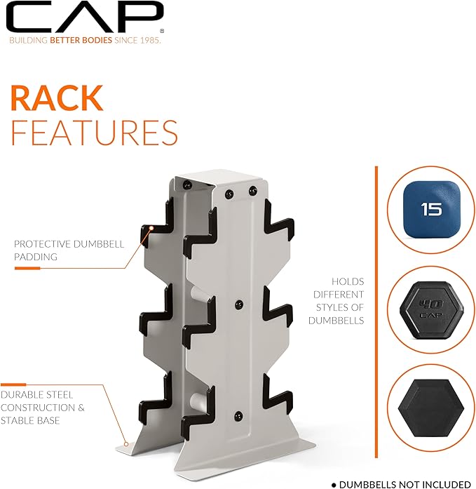 CAP Barbell Rubber Coated Hex Dumbbell Set with Vertical Rack | 100-300 lbs Free Weights Dumbbells Set for Home Gym | Multiple Options