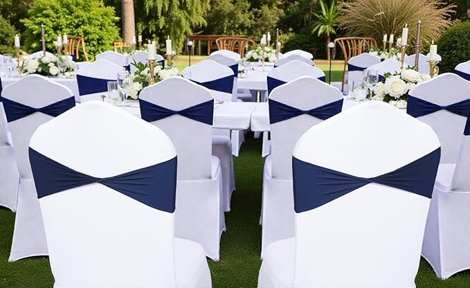 VDS Pack of 25 PCS | Navy Blue | Spandex Chair Sashes Bows Without Buckle | Stretch Elastic Banquet Universal Folding Chair Band Tie with for Wedding Party Conference Celebration Event Decoration