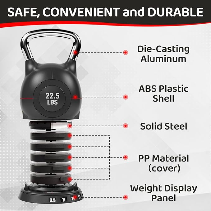 LIFERUN Adjustable Kettlebell Set - 7in1 Kettlebells, Choose 22.5 lb or 44 lb, Quick-Change Weight Dial & Safety Lock, Space-Saving Design, Full-Body Workout & Cross-Training