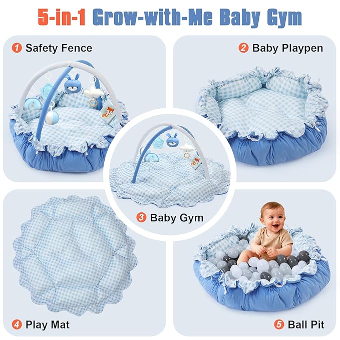5-in-1 Baby Gym Play Mat with Cartoon Pattern, Extra Thick Plush Tummy Time Activity Gym with Hanging Toys, Sensory Development & Motor Skills Training Floor Mat, Blue