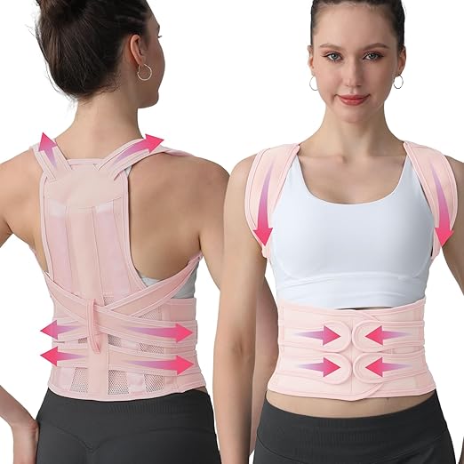 Posture Corrector for Women and Men, Adjustable Shoulder Straightener with Full Back Support, Relief for Lower & Upper Back Pain, Spine, Scoliosis Relief (Pink, Large)