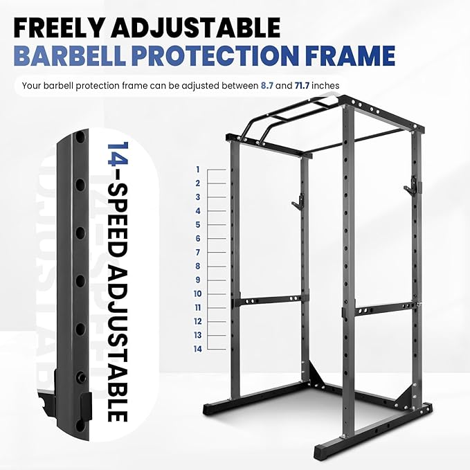 Multi-Function Power Cage, 1200 Lbs Capacity Squat Rack with Adjustable Cable Crossover, Stainless Steel Heavy Duty Fitness Cable Machine, for Training, Exercise Muscles