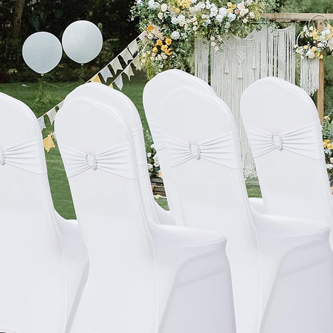Howhic Pack of 30 Spandex Chair Sashes Bows Stretch Chair Cover Band with Buckle Slider Universal Elastic Chair Ties for Wedding Banquet Party Event Decoration (White)