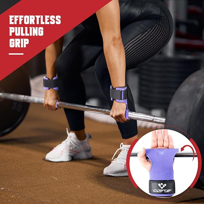 COFOF Weight Lifting Wrist Strap, Double Layer Leather Wrist Strap for Deadlift and Powerlifting, Adjustable Neoprene Padded Gym Workout Lifting Hooks (Pair)