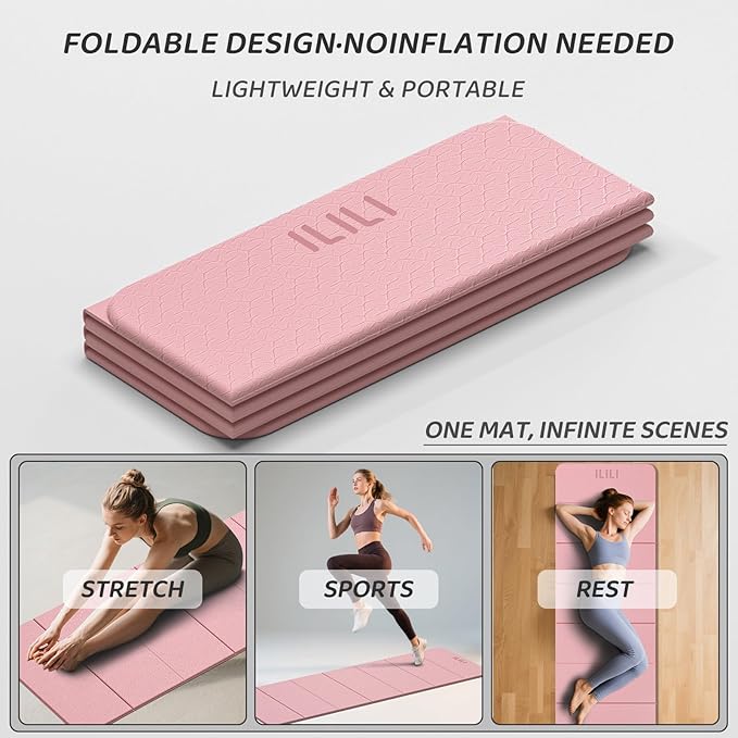 ILILI Foldable Yoga Mat 71 * 24 * 0.3'' - TPE Non-Slip Fitness Mat for Home，Waterproof & Lightweight (2lb) for Home Gym, Pilates & Stretching,Fitness Workouts