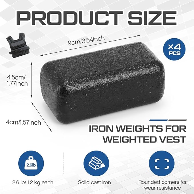 LEIFIDE 4 Pcs 2.6/3.3 lb Iron Weights for Weighted Vest, Cast Iron Ingots for Adjustable Weight Vest, Strength Training Equipment