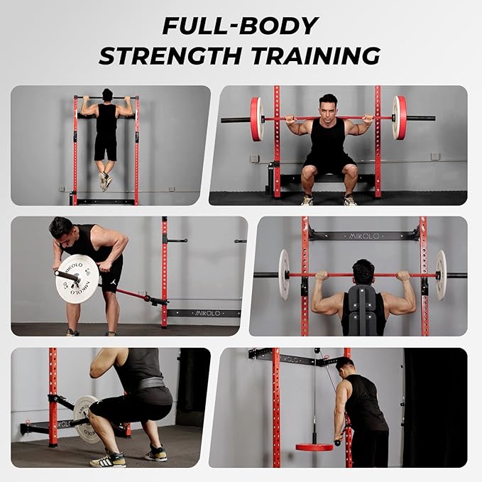 Mikolo 2" x 2" Folding Wall Mounted Squat Rack, 1000 Pounds Capacity Power Rack with Pull Up Bar, J Hooks and Other Attachments, Space-Saving Home Gym