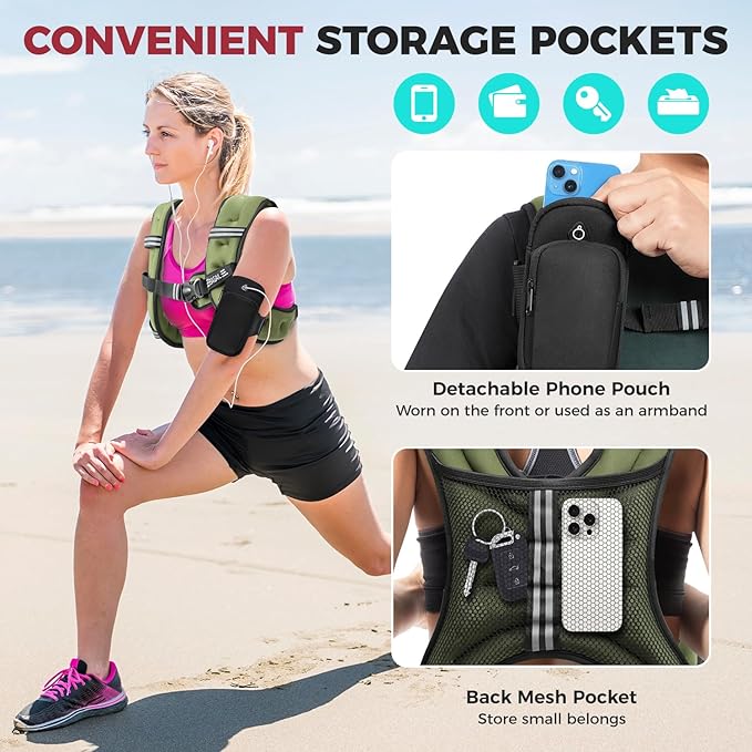 BAGAIL Comfort-Fit Weighted Vest for Woman, Even Weight Distribution, Faster Weight Loss, No-Chafe or Bounce for Walking & Running with Detachable Phone Pouch & Reflective Stripes (Available 5-30lbs)