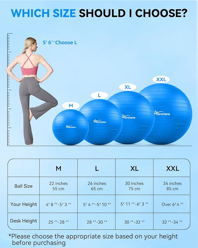 Exercise Ball - Anti-Burst Yoga Ball for Pilates, Pregnancy & Core Stability - Ergonomic Office Desk Ball Chair & Physical Therapy Equipment, Quick Pump Included