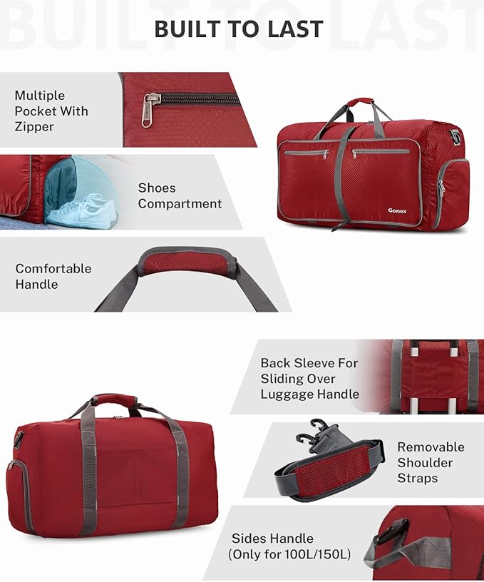 Gonex Large Foldable Travel Duffle Bag with Shoes Compartment, Packable Lightweight Water Repellent Duffel Bag for Camping Gym Weekender Bag